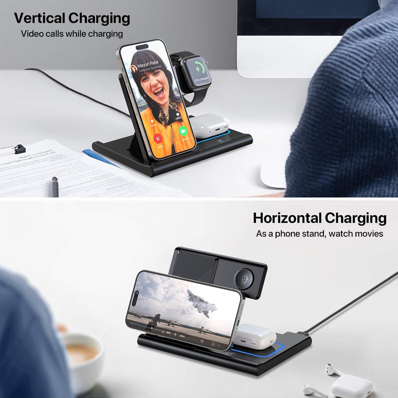Wireless Charging Station, 3 in 1 Foldable Wireless Charger Stand for Iphone 15/14/13/12/11 Series/Xr/X/Xs/8, Airpods 3/2/Pro, Apple Watch(Black)