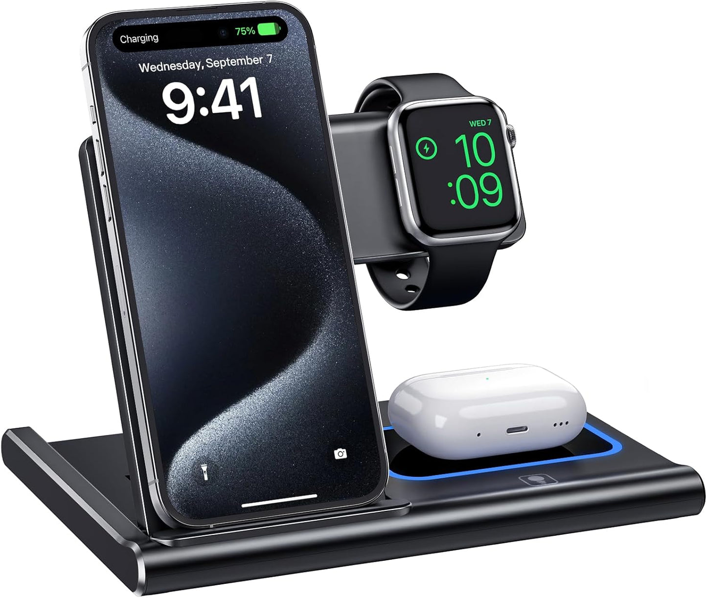 Wireless Charging Station, 3 in 1 Foldable Wireless Charger Stand for Iphone 15/14/13/12/11 Series/Xr/X/Xs/8, Airpods 3/2/Pro, Apple Watch(Black)