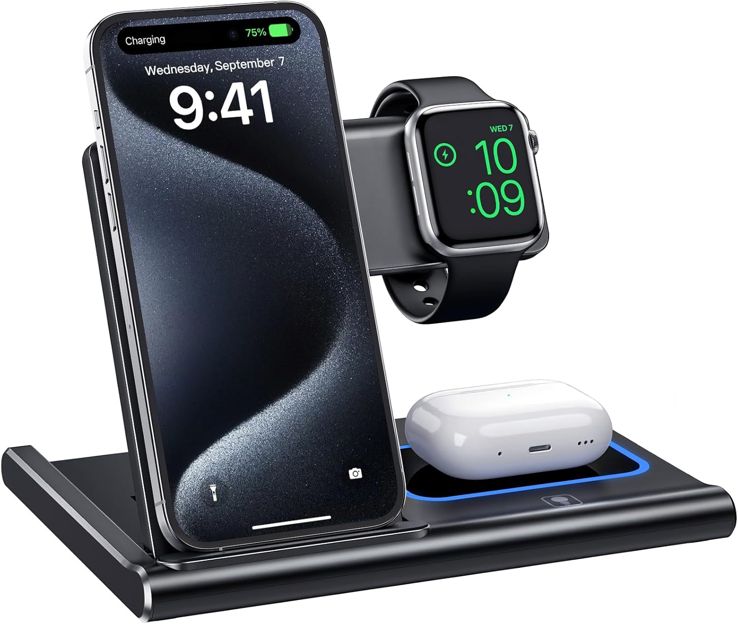 Wireless Charging Station, 3 in 1 Foldable Wireless Charger Stand for Iphone 15/14/13/12/11 Series/Xr/X/Xs/8, Airpods 3/2/Pro, Apple Watch(Black)